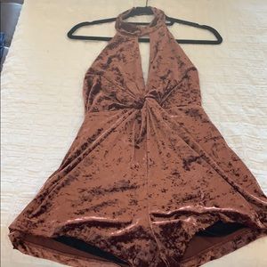 Crushed brown velvet backless romper